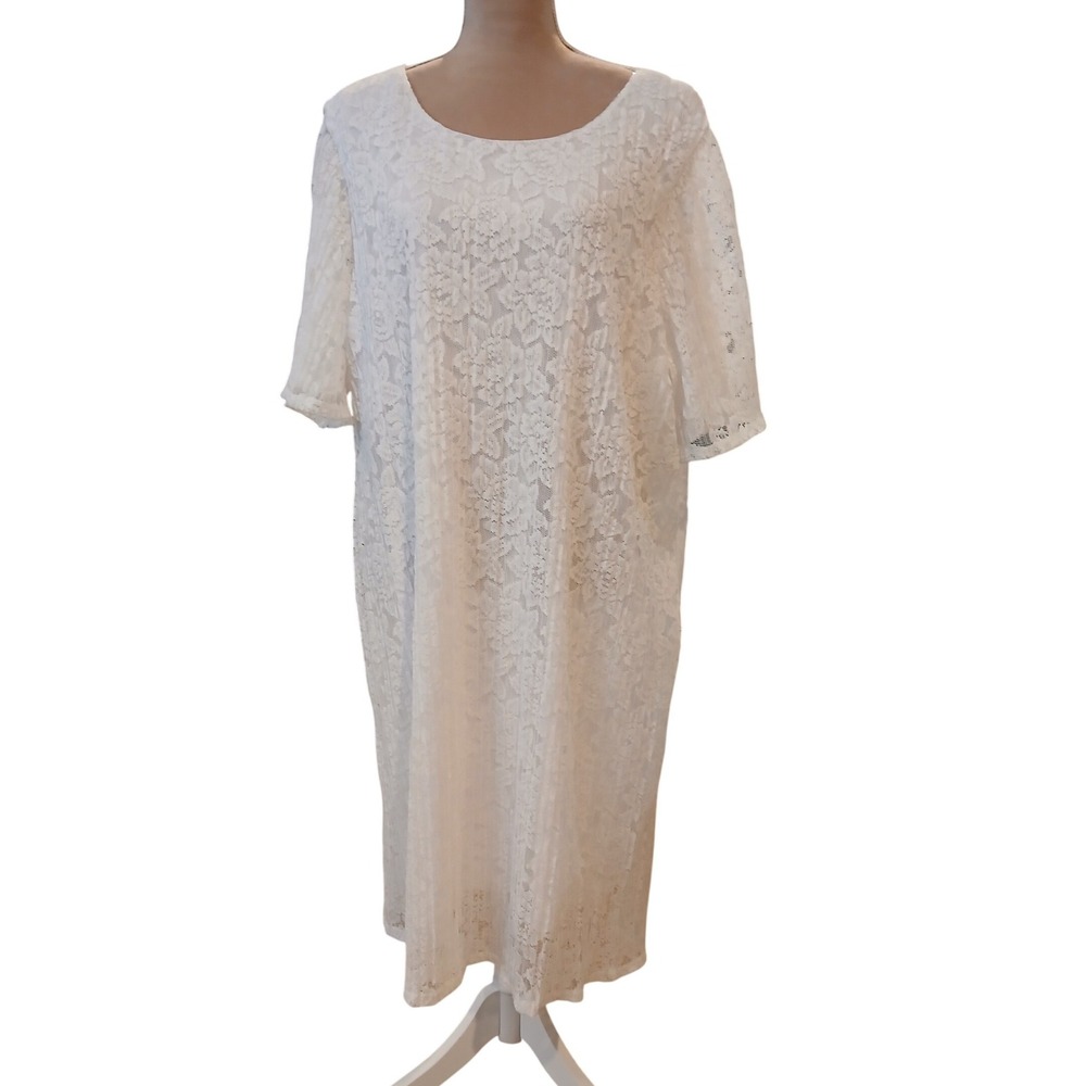 Haptics 3x White Crinke Floral Lace Midi Short Sleeve Shift Dress Modest Wedding